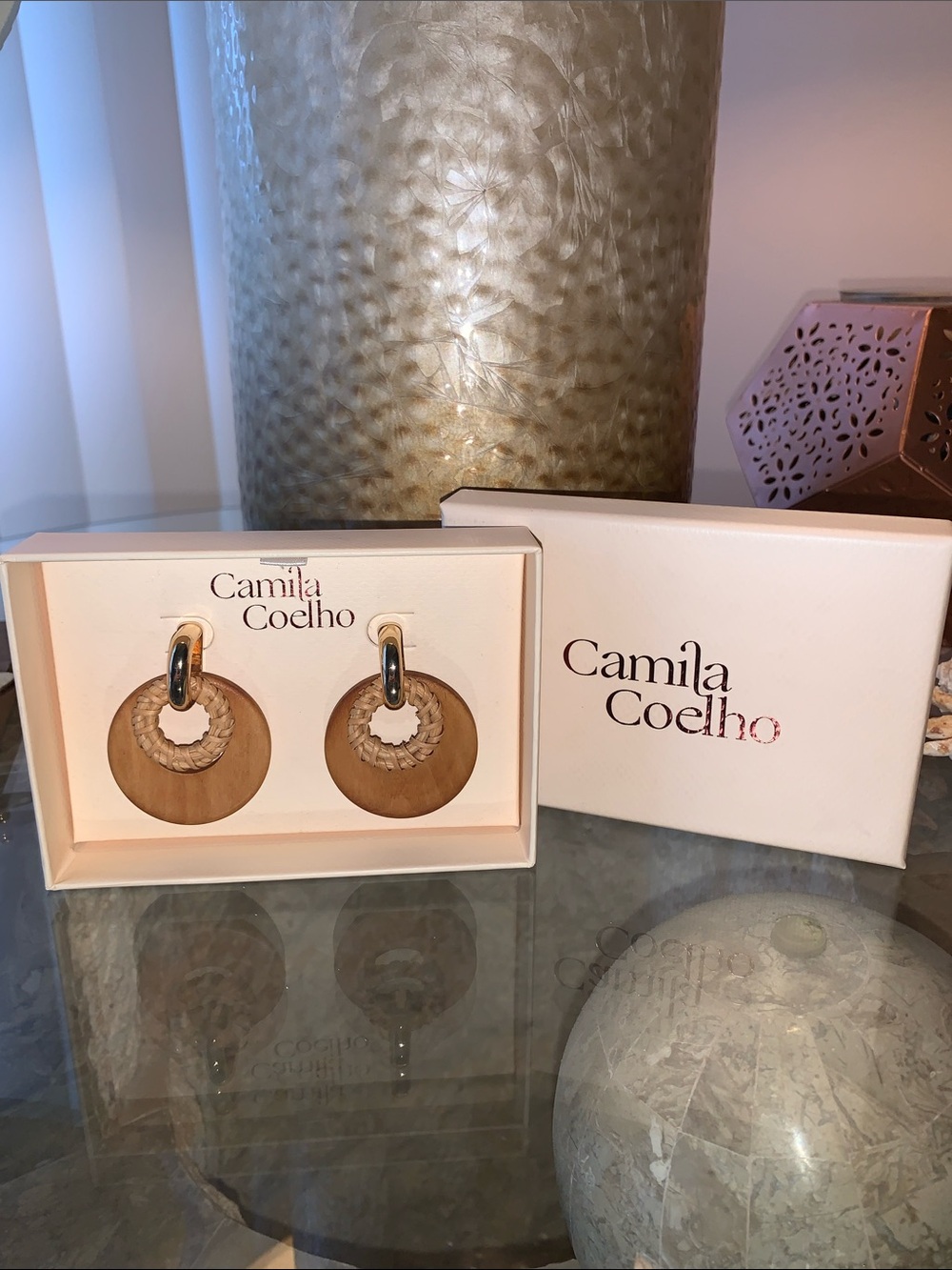 Camila Coelho Natural Tan Wood Hoop Drop Earrings